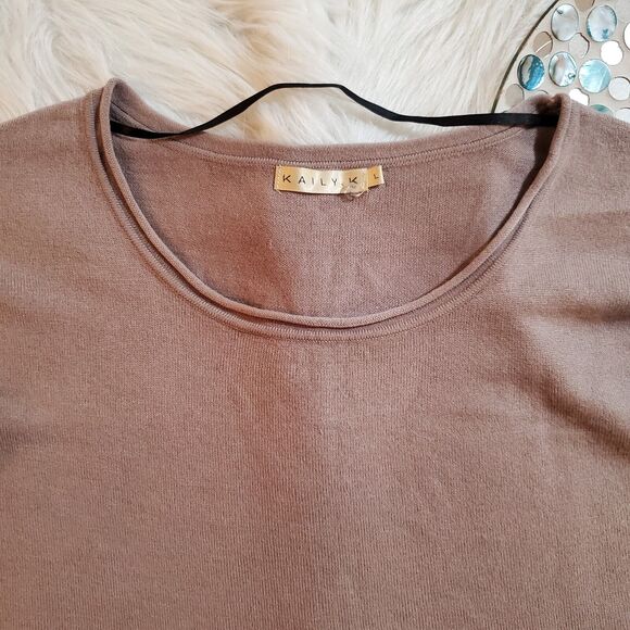 Kaily K Womens Pullover Sweater Size L Taupe Boxy Pockets Roll Hems Soft Knit - Picture 4 of 11